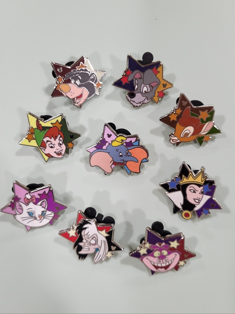 Disney Trading Pins Set - Character Stars, Pin Board, DUMBO, BAMBI, MARIE, TRAMP